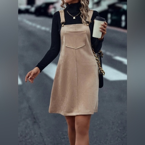 Tan Faux Suede Jumper Dress | Overall | Size Large Women’s - Picture 8 of 12